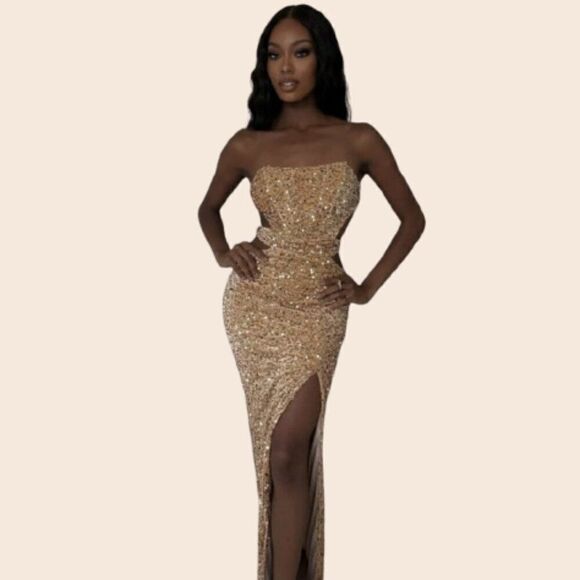 Donnee Par Dieu 'Scarlett' Gold Sequin Gown Size Large - Picture 2 of 15